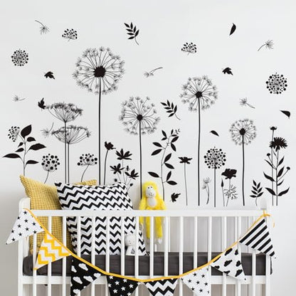 Black Flower Wall Decals Peel and Stick Simple Boho Flower Wall Sticker Wildflower Plants Dandelion Wall Decor Removable Vinyl Wall Mural for Girl Room Bedroom Living Room Home FX-C413