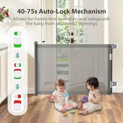 No-Drill Retractable Baby Gates for Stairs with Auto-Lock,33" Tall,Extends up to 55" Wide Mesh Baby Dog Pet Cat Gate with Double Lock for Doorways,Child Gate for Hallways Kitchen Indoor Outdoor Grey