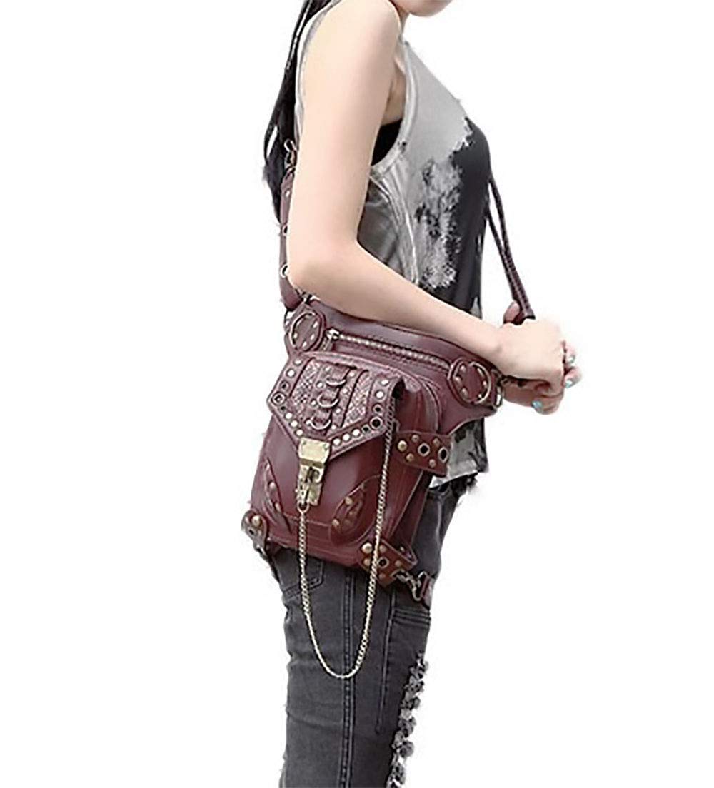Steampunk Waist Bag Fanny Pack Fashion Gothic Leather Shoulder Crossbody Messenger Bags Thigh Leg Hip Holster Purse Travel Pouch Hiking Sport Chain Bags for Women Men brown