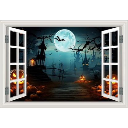 Fake Window Wall Decals Halloween Pumpkin Castle Bat Night View Terror Mural Faux Window Sticker Poster Open Wall Art Picture£¬ for Room Office Decor Stick and Peel Natural Scenery Scene 16¡°x24¡±