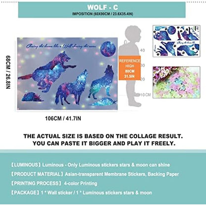 Starry Sky Galaxy Wolf Room Decor Wall Decal and Glow Moon Star Stickers RUIPBOTE Teen Bedroom Wall Decor Murals