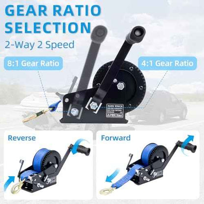 3500LBS Heavy Duty Boat Trailer Winch with 32FT Strap, 2-Way Ratchet, 4:1/8:1 Gear Trailer Winch, Portable Hand Crank for Boat, Truck, Trailer, RV, ATV, Jet Ski