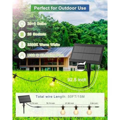 Solar String Lights Outdoor Waterproof 50FT with USB Port and 27 Shatterproof G40 Bulbs(2 Spare), LED Solar Powered Patio Lights for Outside, Porch, Backyard, Bistro, Garden, Market - 2200K