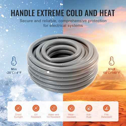 VEVOR 1/2-Inch (100FT) Flexible Electrical Conduit, PVC Liquid-Tight Conduit Non-Metallic with 5 Straight and 5 90-Degree Fittings, for Air Conditioning Motor Controller Pump, IP65