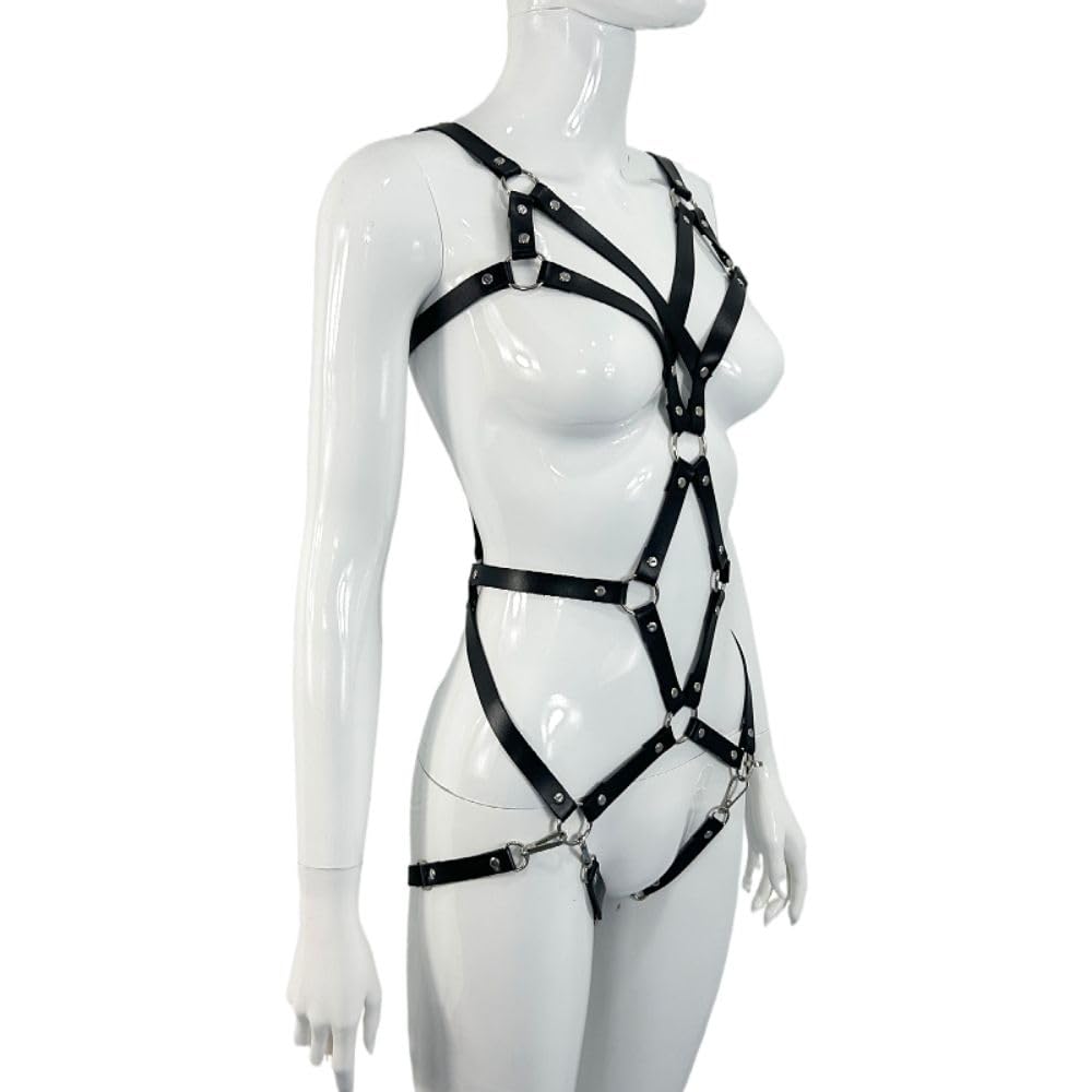 Women Punk Gothic Full-Body Harness – Adjustable Faux Leather Strappy Chest, Waist & Leg Belt with Metal Rings Sexy Festival, Rave, Clubwear, Cosplay Halloween, Mardi Gras Carnival Valentine's Gift