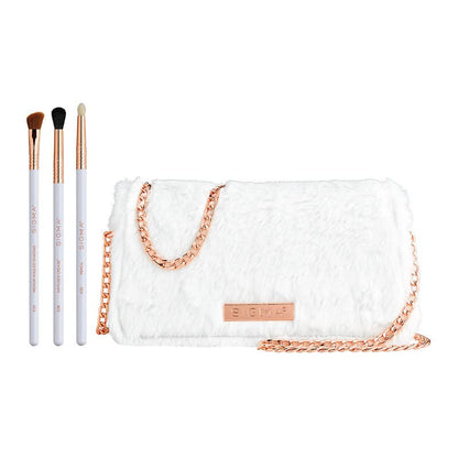 Sigma Beauty Glam ‘N Glow Mini Eye Makeup Brush Set – Set of 3 Eye Makeup Brushes for Blending, Shading, Lining, and Smudging, Includes Stylish Black Small Makeup Bag (4 Pcs)