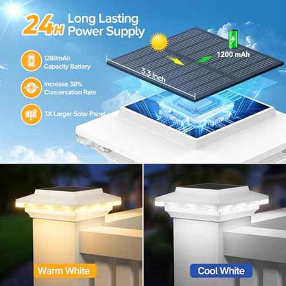 4x4 Solar Post Cap Lights Upgraded, Brighter and Extended Beam to Light Post Fence Deck with Warm/White Lights, Waterproof Outdoor Posts Solar Lights for Patio Porch Vinyl/Wooden Posts 8 Pack