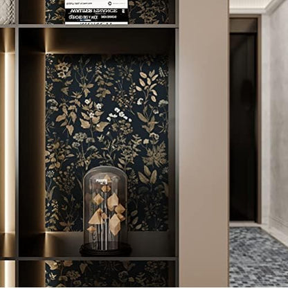 Dimoon 78.7"x16.1" Delicate Floral Peel and Stick Wallpaper Black Golden Thicken Waterproof Leaf Vintage Flower Contact Paper Self Adhesive Wallpaper Removable, Shelf Liner Decal Vinyl Roll