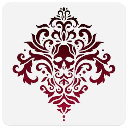 Skull Damask Stencil for Painting, 11.8"x11.8"Reusable Spliced Halloween Stencil Drawing Template, Baroque Retro DIY Craft Paint Template for Wall Home Decor Wood Burning Card Journal Canvas