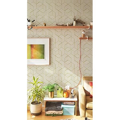 Geometric Wallpaper Peel and Stick Wallpaper Removable Self Adhesive Wall paper White/Gold Striped Hexagon Contact Paper for Cabinets Shelf Drawer Liner Renter Friendly Vinyl Roll 17.7"x118.1" Upgrade