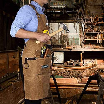 Waxed Canvas Shop Apron for Men & Women.Woodworking Aprons Heavy Duty Work Apron with Pockets. Big Bulk Tool Apron with Adjustable Cross-Back Strap.Adjustable S to XXL (Brown)