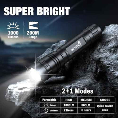 ULTRAFIRE Tactical Flashlight with Holster for Duty Belt, 1000 High Lumen Police Flashlight with Belt Holster, Rechargeable Law Enforcement Flashlight, 3 Modes Security Flashlights WF-501BX
