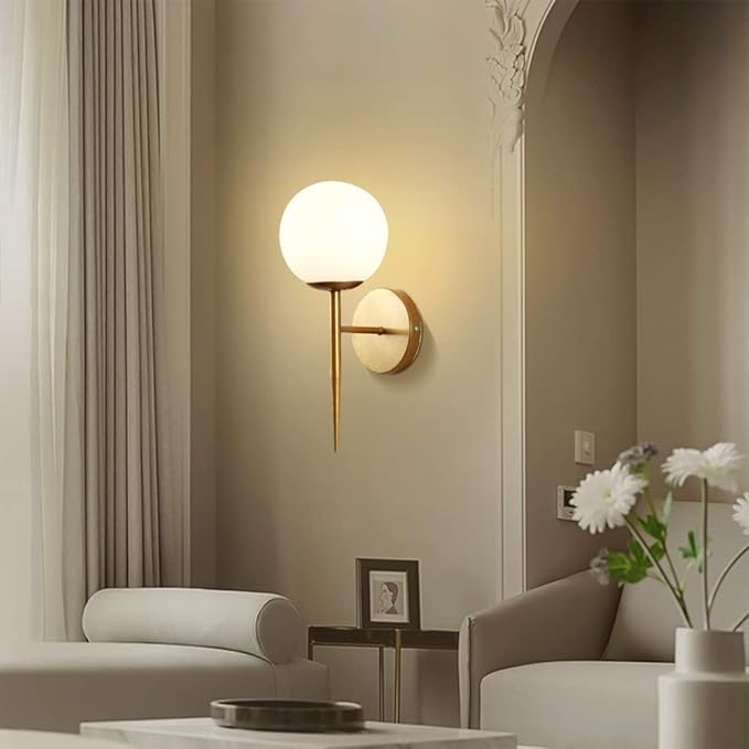BOKT Mid Century Modern Globe Wall Sconce Set of Two Brushed Brass Bathroom Wall Sconce Light Set of 2 Frosted White Glass Gold Wall Lamp 2-Pack Bedroom Wall Lights (White)