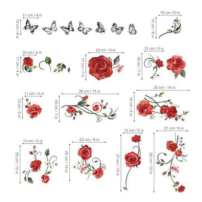decalmile Red Rose Vine Wall Decals Flowers Butterfly Leaves Wall Stickers Bedroom Living Room Kitchen Wall Decor