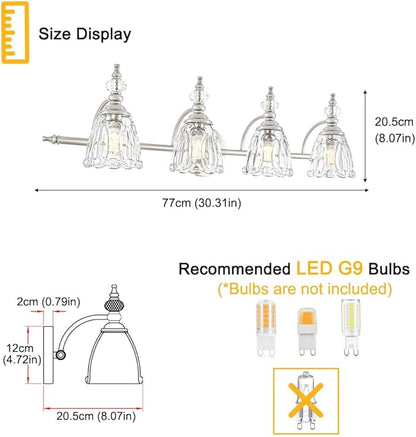 4 Light Brushed Nickel Bathroom Light Fixture, Antique Vanity Light with Flower Glass Shade, Bathroom Vanity Light Over Mirror, Farmhouse Sconces Wall Lighting for Hallway Livingroom Bedroom