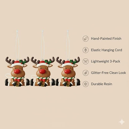 Set of 3 Cute Reindeer Hanging Christmas Tree Ornaments - Hand-Painted Resin Holiday Home Decor & Gift - Durable, Lightweight Xmas Decoration for Family, Friends, Teachers (Deer)