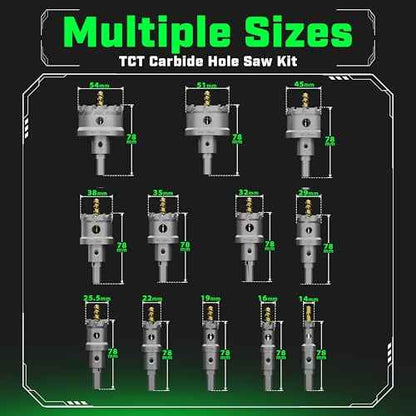 Tungsten Carbide Hole Saw Kit 22 Pcs ? Carbide Hole Saw Set 9/16" to 2-1/8" for Metal, Stainless Steel, Wood ? Includes 2 Drill Bits, Deburring Tool, 4 Blades, 3 Allen Wrenches ? Industrial & DIY Use
