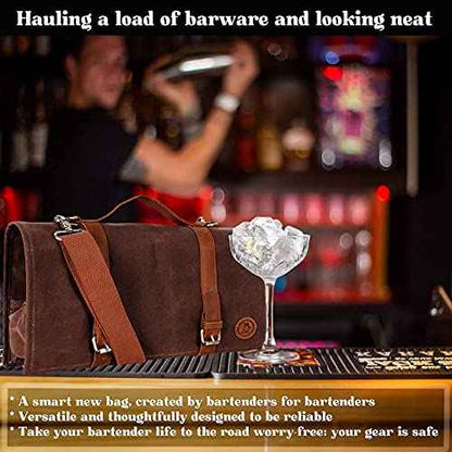Bartender tool bag waxed canvas water resistant adjustable shoulder straps genuine leather handles 16 pockets holds 33oz bottle mobile travel design - Bag ONLY
