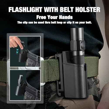 ULTRAFIRE Tactical Flashlight with Belt Holster, 1800 High Lumen Rechargeable Flashlight with Duty Belt Holder, Security Flashlight for Police, Law Enforcement, 6 Modes LED Flashlight with Dual Switch