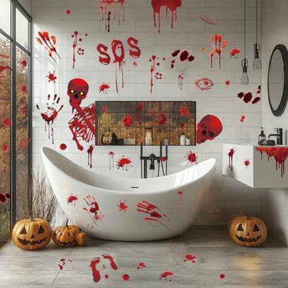 Halloween Wall Decals Bloody Handprint Footprint Wall Stickers Scary Halloween Decorations Spooky Window Stickers Removable Vinyl Wall Art Decal for Bathroom Living Room
