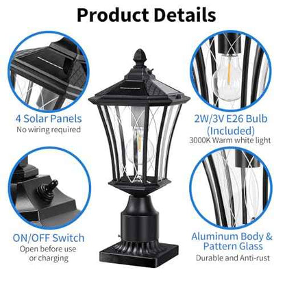 YSN 16" Solar Post Lights Outdoor, Dusk to Dawn Outdoor Post Lights with Pier Mount Base, Black Solar Lamp Posts Light Fixture, Waterproof Light Posts for Outside Yard Garden Patio, 1 Pack