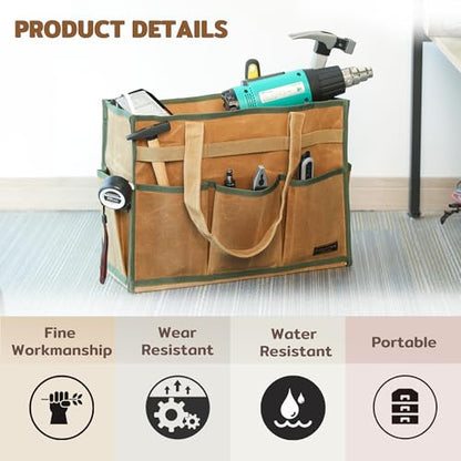 Heavy-Duty Waxed Canvas Tool Tote Bag ? Large Capacity Tool Organizer with 14 External Pockets & Padded Handle | Durable Storage Tote for Contractors, Electricians & DIY (16.5" x 7" x 12", Khaki)