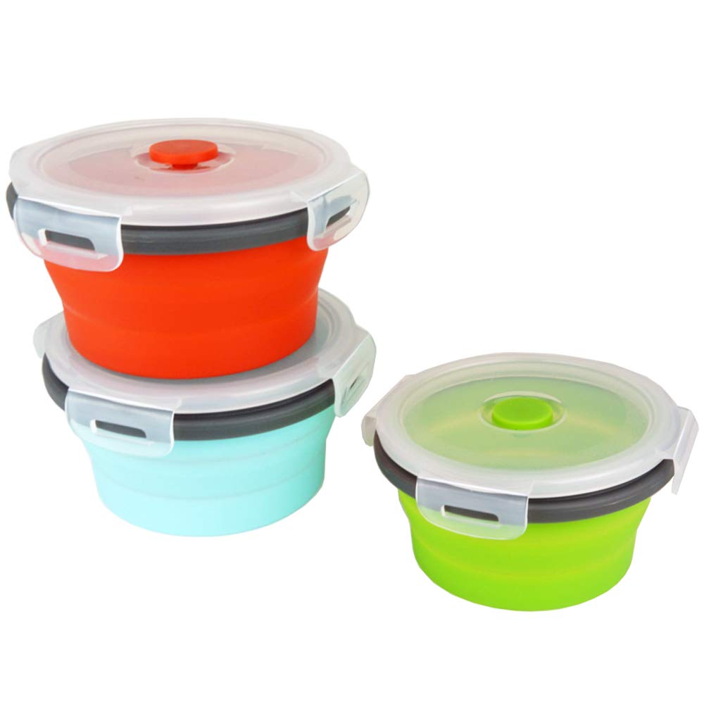 Ecomorning 3Piece Round Collapsible Lunch Container Silicone Food Storage Containers Collapsible Camping Bowl with Airtight Silicone Lids, Microwave, & Freezer Safe, 350ML