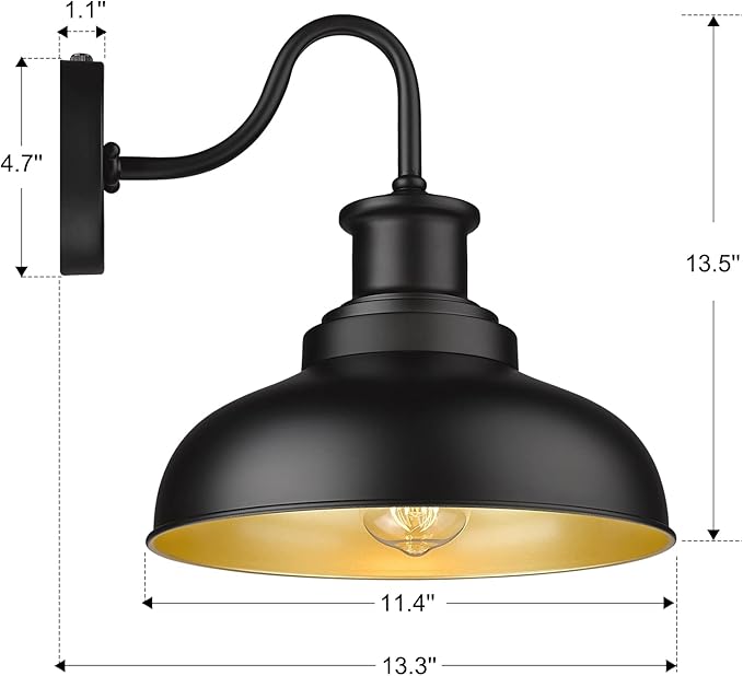 Dusk to Dawn Outdoor Gooseneck Barn Light, Farmhouse Outdoor Wall Sconce, Rustic Exterior Wall Mount Light, Vintage Outside Lighting Fixture Industrial Black Lantern for Porch Garage Shed,1 Pack