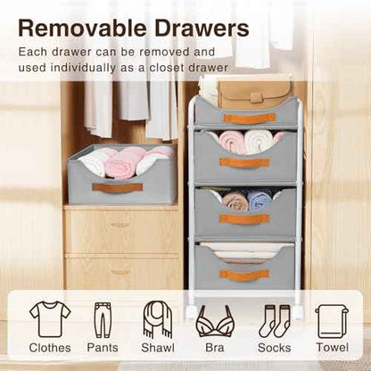 DIMJ Clothes Drawer 4 Tier - Fabric Closet Drawer System Rolling, Portable Closet Drawers for Clothes with Wheels, Small Closet Organizer & Replacement Drawers for Bedrooms, Office, Nursery, Grey