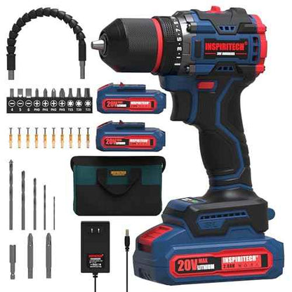 20V Cordless Drill Set, Brushless Power Drill with 2 Batteries and Charger, 3/8-Inch Metal Chuck, 22 Torque Settings, Drill/Driver Bits and Tool Bag Included