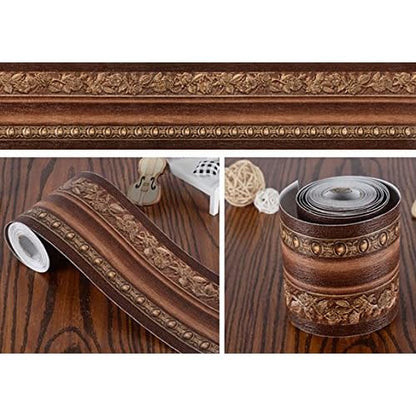 REDODECO 3D Pattern Self Adhesive Floral Molding PVC Wallpaper Border Home Deco (Dark Brown)