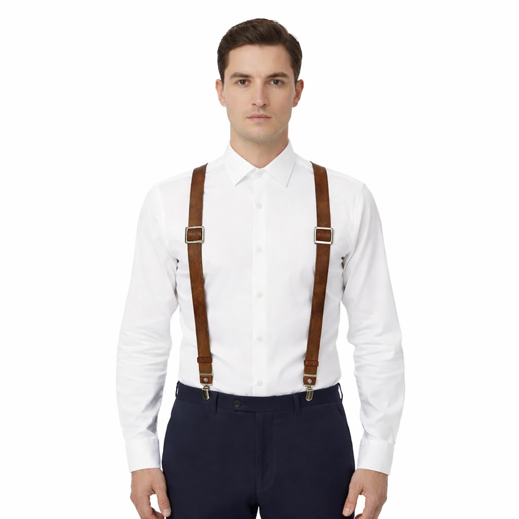 Voolup Leather Suspenders for Men – Y-Back Adjustable Heavy Duty Suspenders with 4 Strong Metal Clips | Genuine Full-Grain Leather | Perfect Groomsmen Gift for Wedding | Rustic Brown