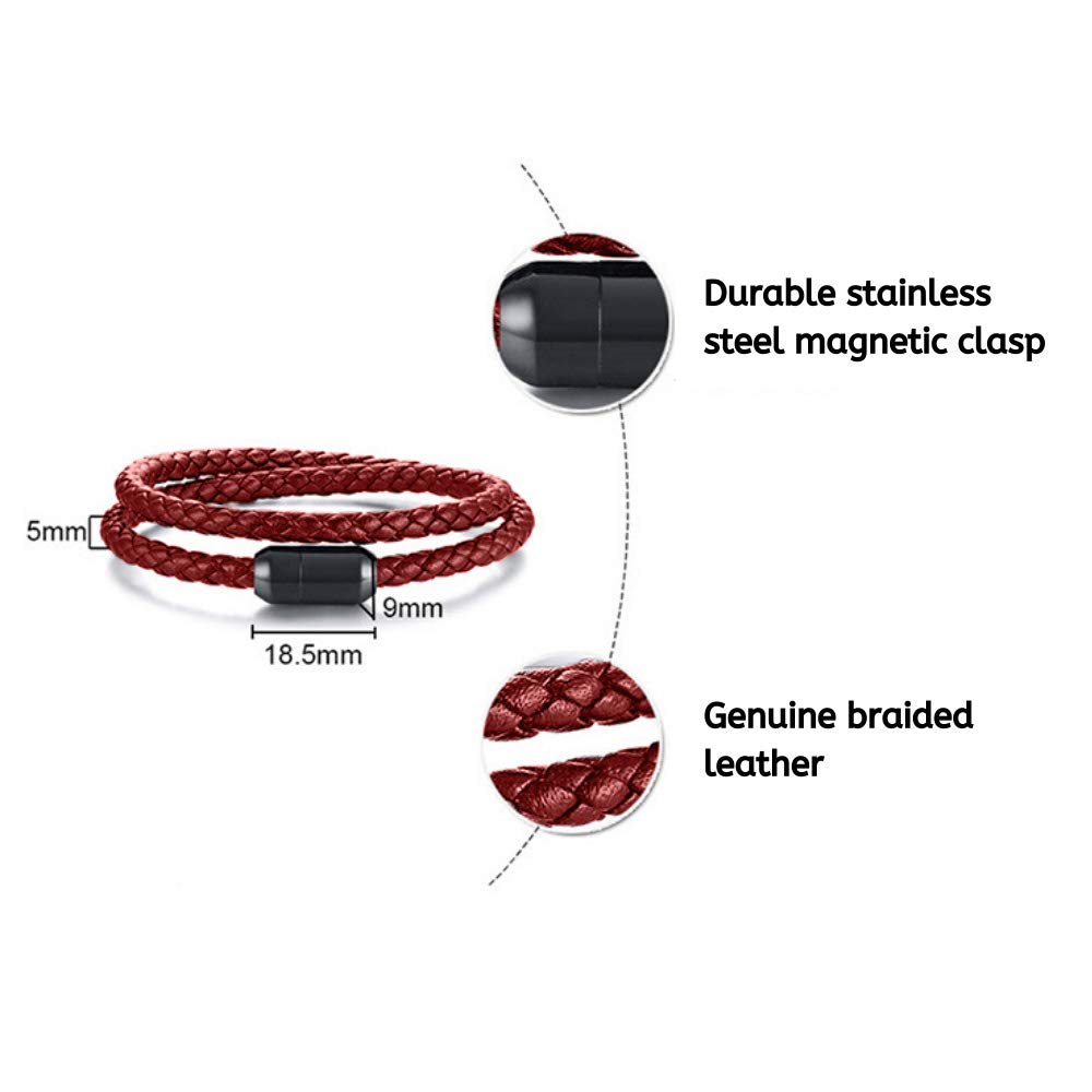 globi Leather Bracelet For Men | Genuine Wrap Braided Leather Cuff Bangle Bracelet with Magnetic Stainless Steel Clasp For Men/Women (Red 7”)