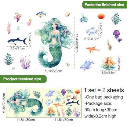 Mermaid Wall Decals Glow in The Dark Mermaid Wall Stickers Glow in The Dark Under The Sea Wall Decals for Kids Baby Bedroom Nursery Classroom Bathroom Mirror Decor