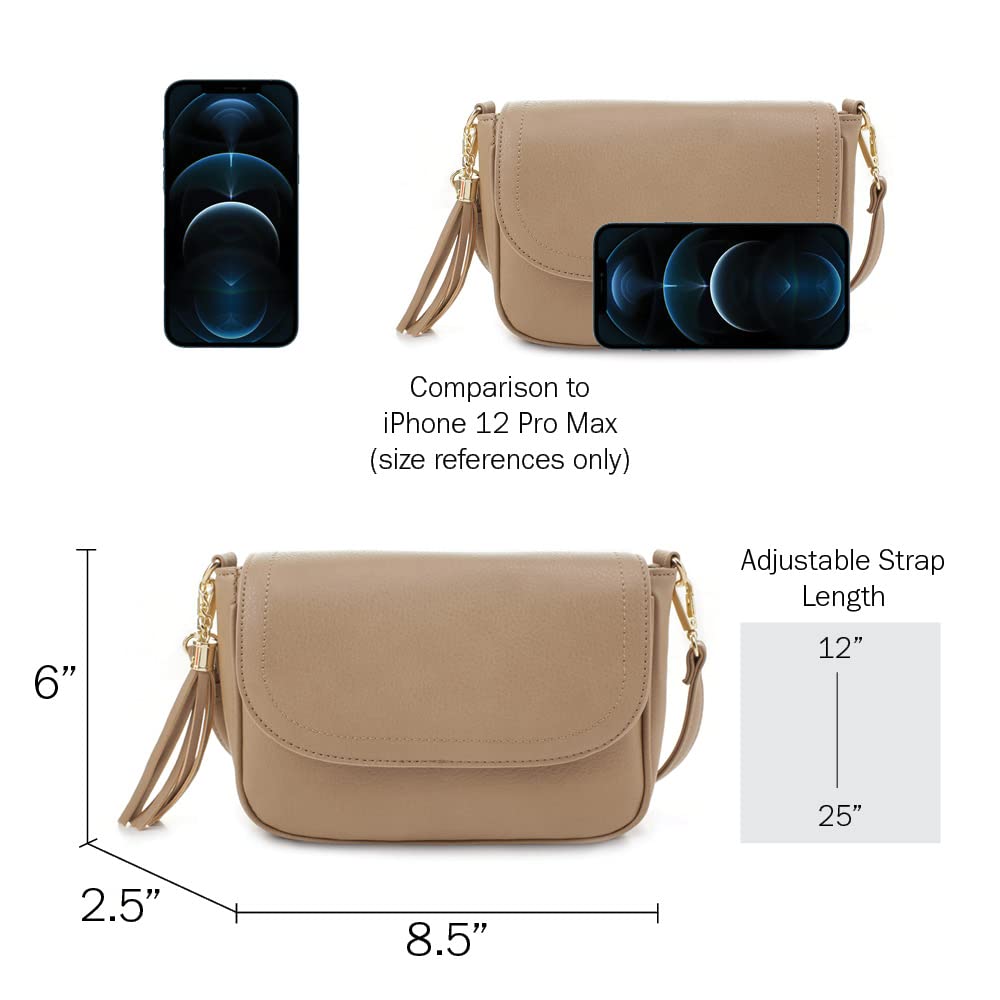 EVVE Small Crossbody Bag for Women Trendy Flap Saddle Purses with Tassel Vegan leather Shoulder Bag - Taupe