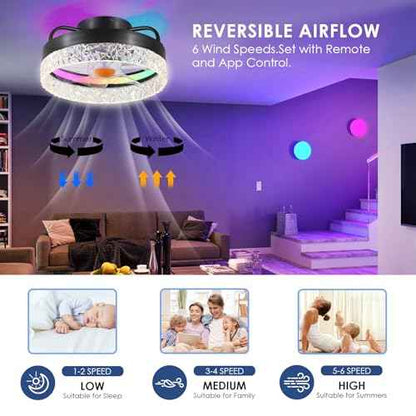 13in Flush Mount Ceiling Fan with RGB Light - Small Bladeless Ceiling Fan Light with Reversible Mute Motor, LED Dimmable, Low Profile Enclosed Ceiling Fans for Modern Indoor