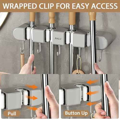 5PCS 4 Racks and 5 Hook Broom Mop Holder with Hooks Wall Mounted Broom Storage Rack No Drilling Self-Adhesive Mop Broom Organizer Mop Holder Hanger for Bathroom Office Kitchen Closet Garage