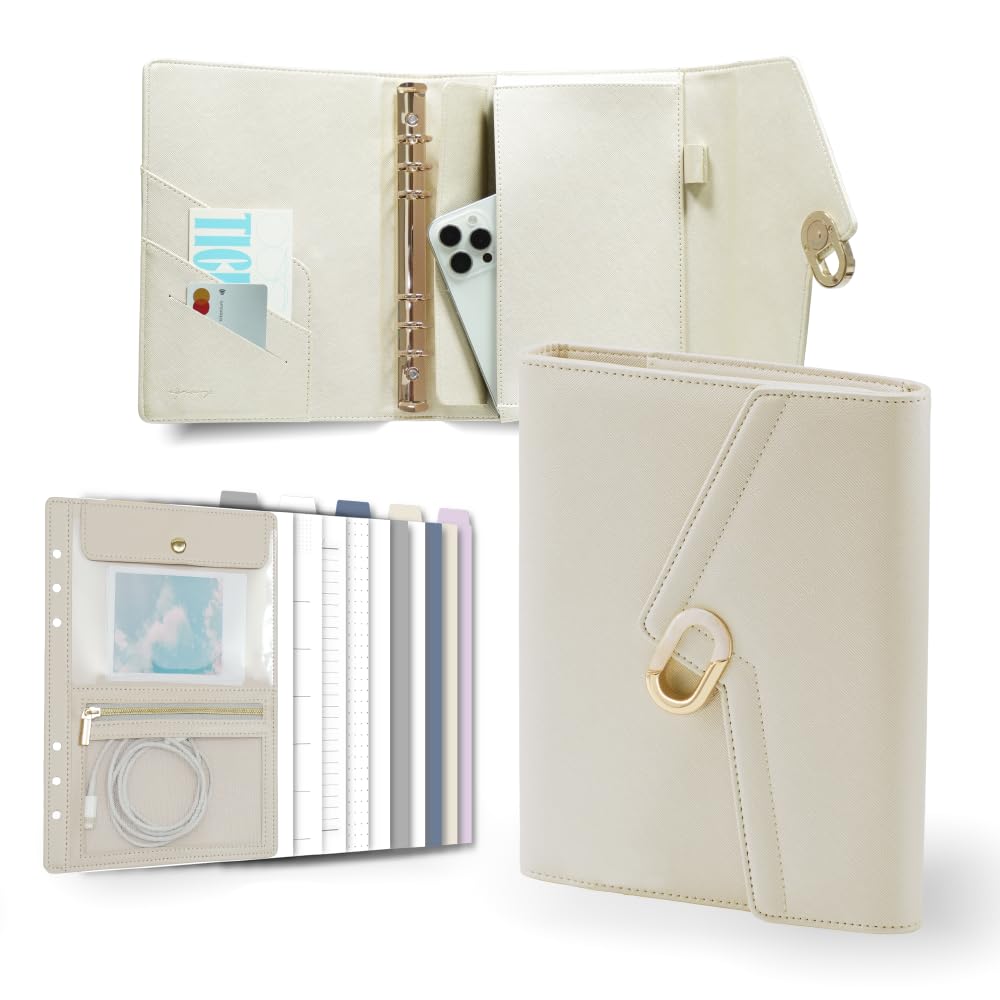 EGOSUNNY Lightning A5 PU Leather Planner 5.8" x 8.3", Refillable 6-Ring Binder with 80 Sheets, Dividers & Removable Zip Pouch – Stylish Organizer for Work & Everyday Use