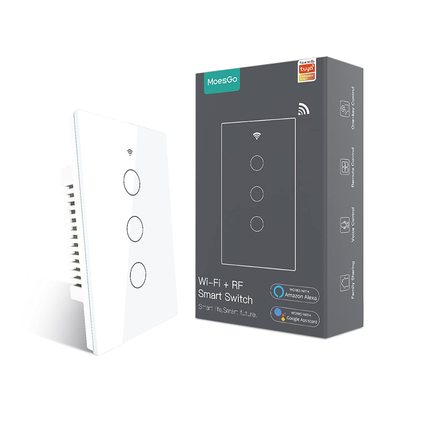 MoesGo WiFi Smart Wall Light Switch,Glass Panel, Multi-Control(3 Way), 2.4GHz Wi-Fi Touch Switches, Neutral Wire Required, Remote Control Smart Life/Tuya App, Work with Alexa, Google Home White 1 Gang