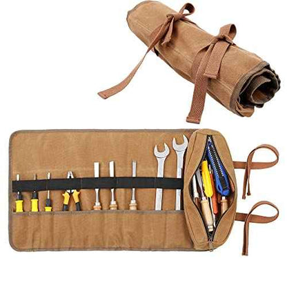 10 Pockets Tool Roll Up Organizer Bag, Heavy Duty 16oz Waxed Canvas Wrench Roll Up Bag with 2 Wrap Straps, Multi-Purpose Tool Pouch for Metric, SAE (Khaki)