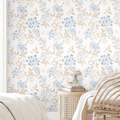 Heroad Boho Floral Wallpaper Blue/Beige Peel and Stick Wallpaper Neutral Leaf Contact Paper Removable Self Adhesive Wall Paper for Cabinet Bedroom Bathroom Waterproof Decor Vinyl Roll 17.3''x78.7''