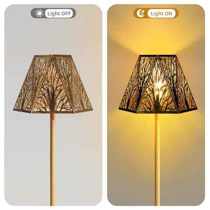 Etched Metal Lampshade, Hexagonal Lamp Shade with Antique Bronze Exterior&Gold-plated Interior, 7" Top x 13.8" Bottom x 9.5" Height, Spider Fitter