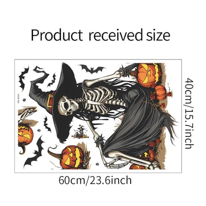 Horror Halloween Witch Skeleton Wall Decals,Removable Skull Wall Stickers with Bats & Pumpkins for Halloween Party Home Classroom Bar Decor (15.7x23.6 Inch)