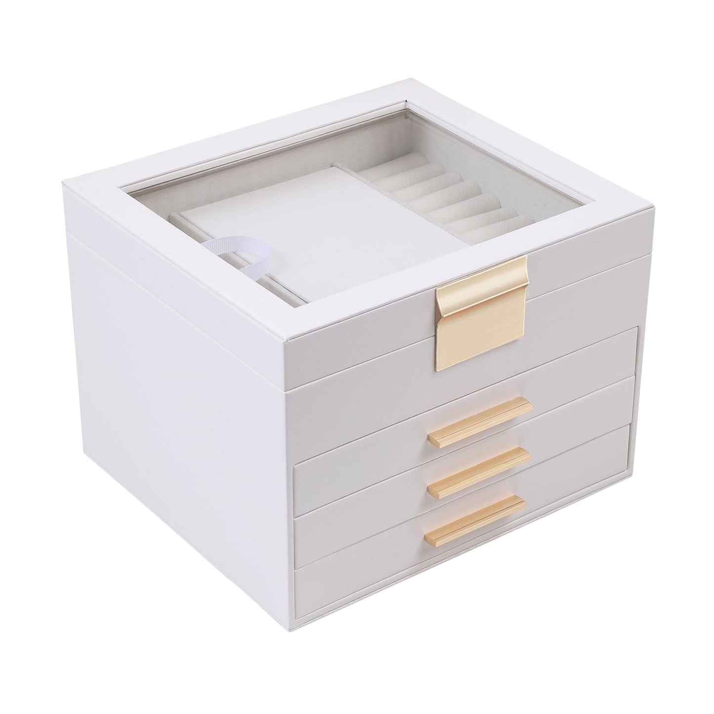 BOOVO Clear Lid Jewelry Box,3 Layers Jewelry Organizer Large Jewelry Storage Box with 2 Drawers,Jewelry Holder Organzier of Rings Earrings Necklace Bracelets for Women (White, 4 Layer)