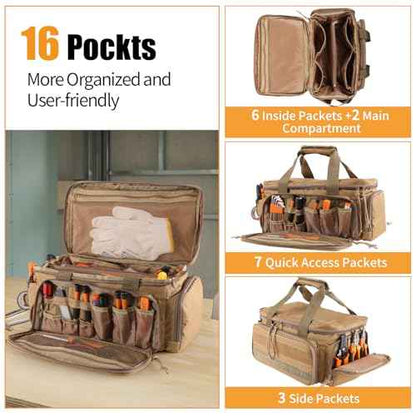 16-Inch Tool Bag with 16 Packets,Tools Bag for Men with Anti-friction Bottom,Tactical Range Bag,Electrician Tool Bag Organizer,Mechanics Tool Storage Bag for Repairman,Carpenters,Handyman,Khaki