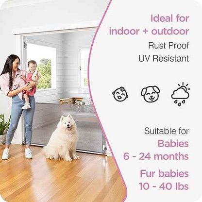 Retractable Baby Gate Perma Child Safety 33" Tall x 71¡± Wide, Mesh, for Stairs, Doorways, Dogs, Pets, Indoor, Outdoor, One-Handed Operation, Locking, Easy Install, Hardware Mount, Gray