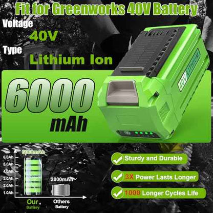 40 Volt 6000mAh Replace High-Capacity Battery for Greenworks 40V Battery, 6.0Ah Long-Lasting Compatible with Greenworks 29472 29462 2901319 and 40V G-MAX Power Tools