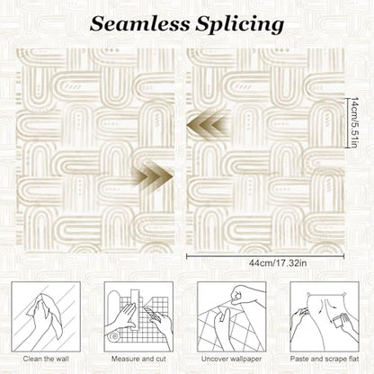 Boho Peel and Stick Wallpaper Light Beige and White Contact Paper Geometric Wall Paper 17.3" x 120" Self Adhesive Vinyl Removable Wallpaper for Cabinets Bedroom
