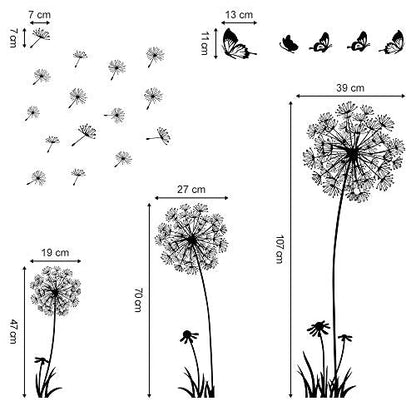 decalmile Dandelion Wall Decals Flying Flowers Butterflies Wall Stickers Dandelion Wall Art Living Room Bedroom Decor (Black)