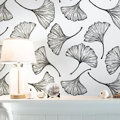 CiCiwind Black and White Peel and Stick Wallpaper Removable Self-Adhesive Wall Paper for Bedroom Bathroom Ginkgo Leaves Contact Paper Modern for Living Room 17.3In¡¿118In